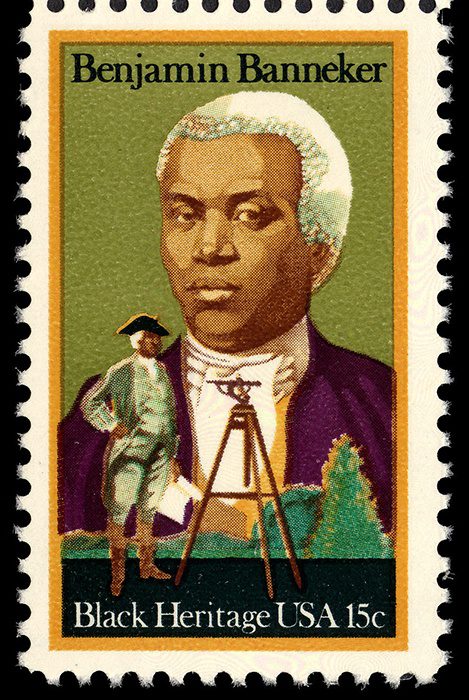 am image of a stamp commemorating Benjamin Banneker an black scientist and land surveyor