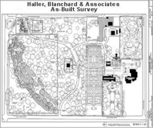 An image of a as-built survey in black and white. It is showing all property lines, the landscaping and easements.