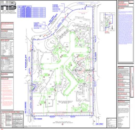 An image of an ALTA - NSPS Survey Map with a lot of details, the map is in the center surrounded by text in blue, red and green, the haller blanchard logo is in the upper right hand corner.