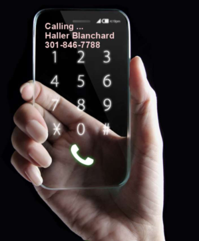 an image of a woman's hand holding a transparent phone and calling haller blanchard, it's on a black background and it looks very futuristic