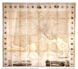 An image of a very old land survey map, it's grainy and yellowed. It is Thomas Poppleton’s Surveyor’s Map, Circa 1882, that laid out Baltimore Maryland 