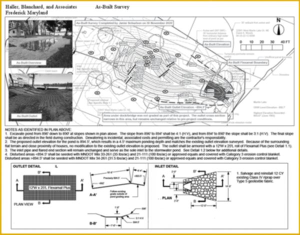 an image of a as-built survey in black and white with 2 embedded images the main drawing and text descriptions