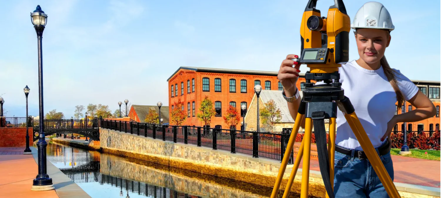 an image of a woman from india conducting a as-built survey near Carroll Creek in Frederick Maryland