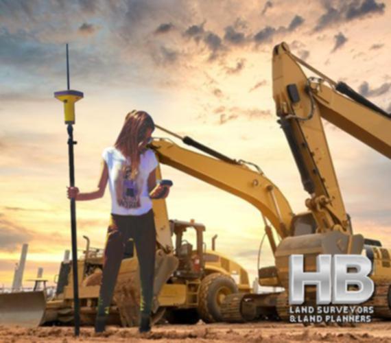 An image of a Spanish American Woman Conducting a Boundary Survey, she is standing in front of 2 large backhoes it looks to be dusk with a multi colored sky of red, yellow, blue and white, she is wearing a white t-shirt and green cargo pants.