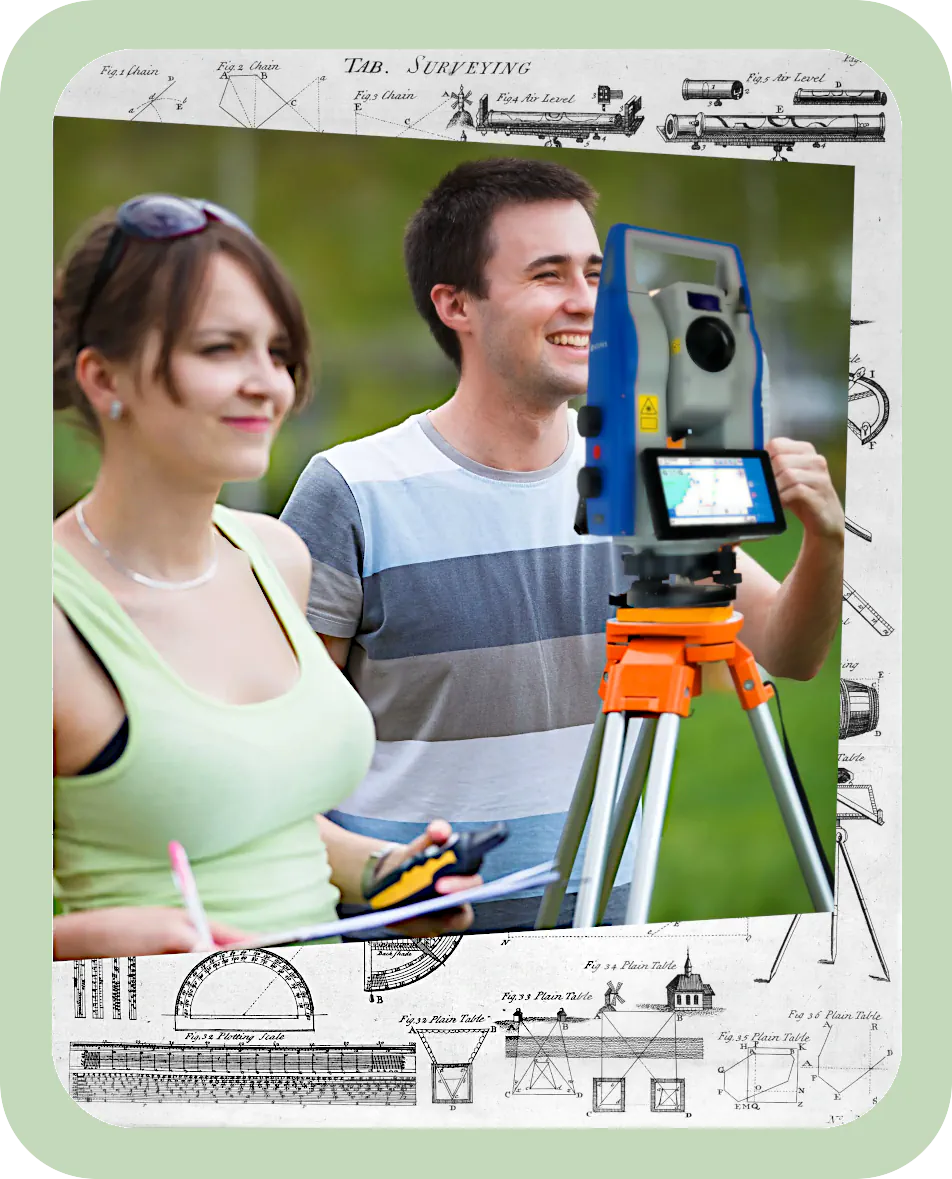 2 young surveyors working outside on a construction site performing a stake out survey, they are both smiling looking down field on a summer day.