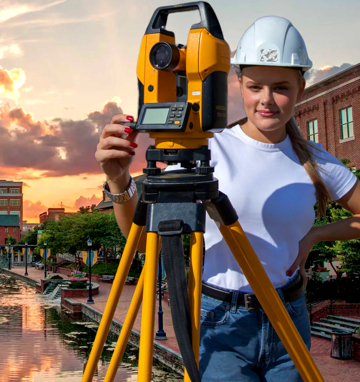 image of a black woman conducting a land survey near Frederick Maryland she is looking at the camera and smiling she looks very happy in a white t-shirt blue jeans and a white hard had with the haller blanchard logo on the front.