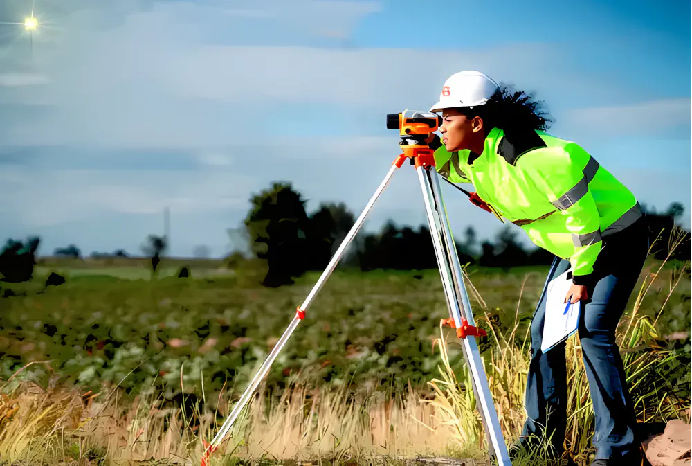 Land Survey Asian Woman Working in the Field with a theodolite it looks like a cool windy fall day
