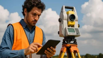 image of a Man conducting a House Location Survey on a beautiful fall day in Gaithersburg, Maryland