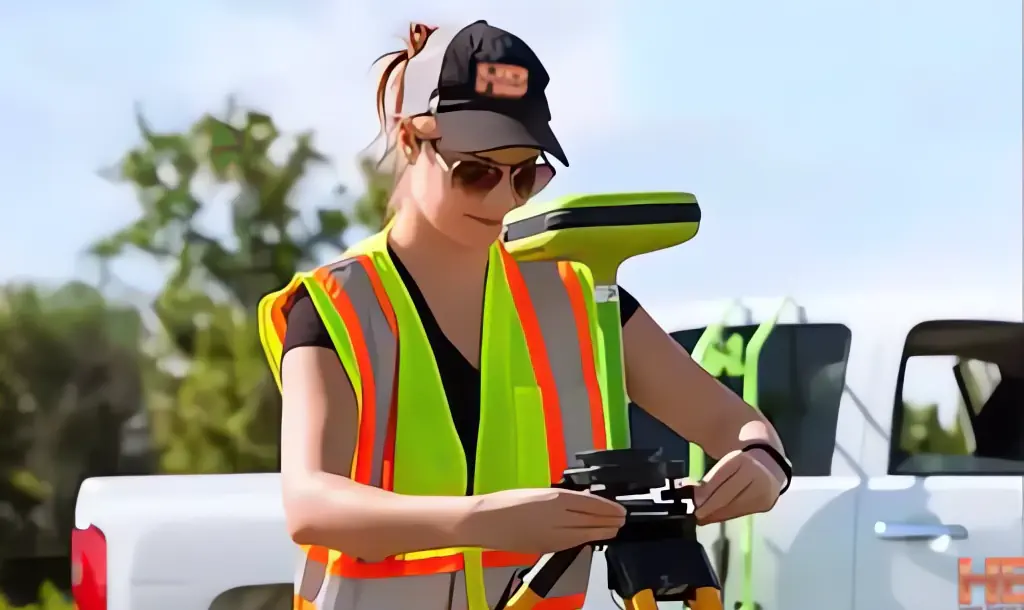 an image of a young woman surveyor Frederick Maryland she is smiling looking down at her clipboard, she looks happy wit ha haller blanchard cap on, its a beautiful sunny summer day