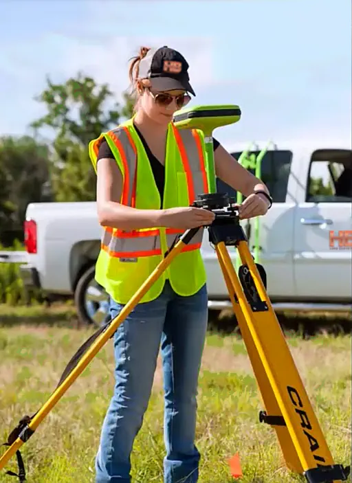 Young Woman Surveyor full length image of a young woman surveyor in Frederick Maryland she is smiling looking down at her clipboard, she looks happy wit ha haller blanchard cap on, its a beautiful sunny summer day